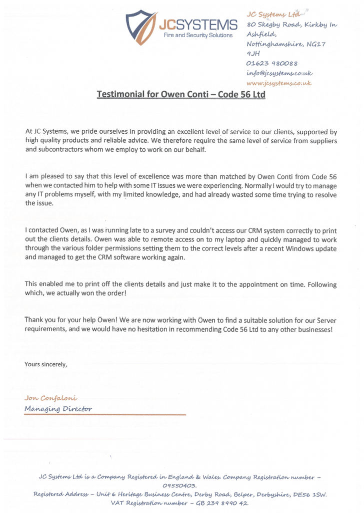 JC Systems Testimonial